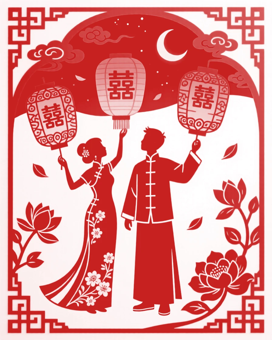 A bride and groom releasing lanterns together into the night sky, petals drifting gently around them.