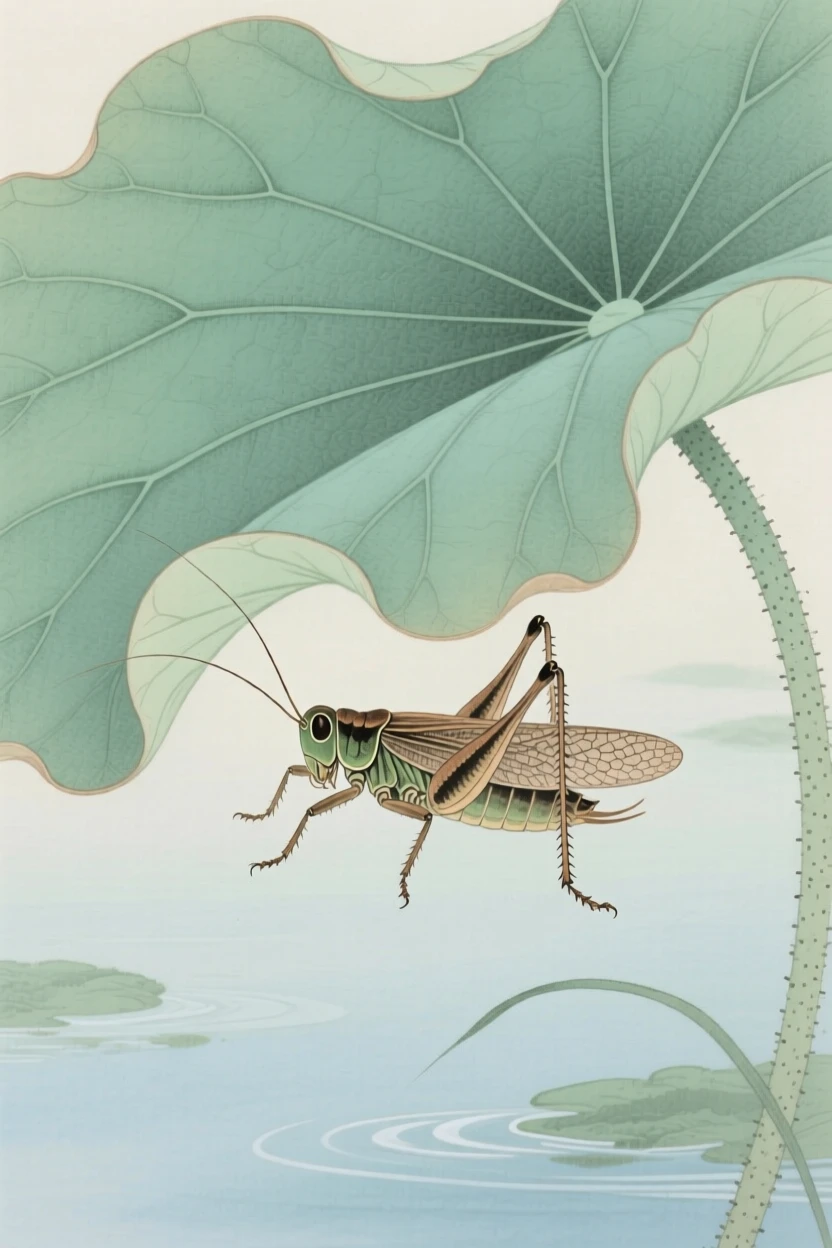 A cricket resting in the shade of a lotus leaf