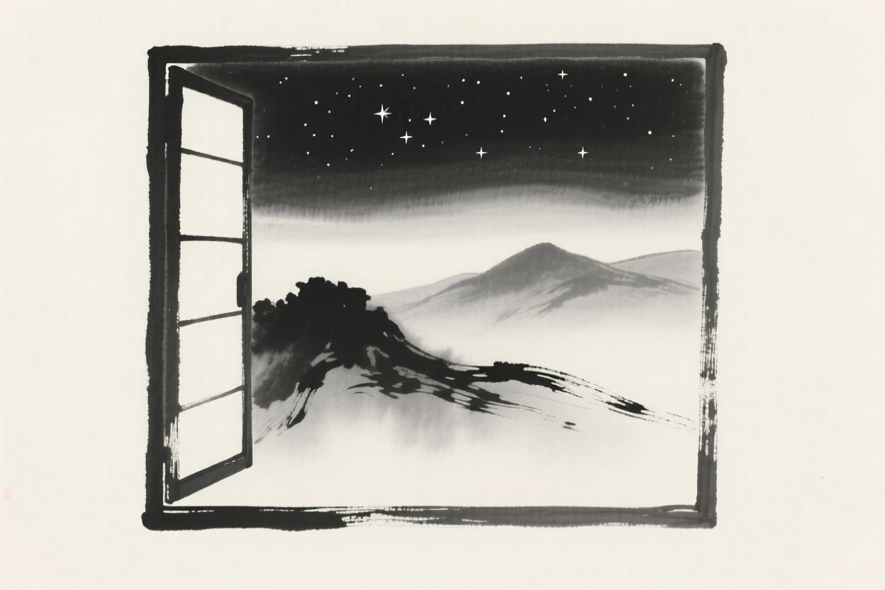 A solitary window open to a misty mountain view beneath a canopy of quiet stars, framed minimally, letting emptiness carry the mood, suggesting quiet longing and gentle stillness.