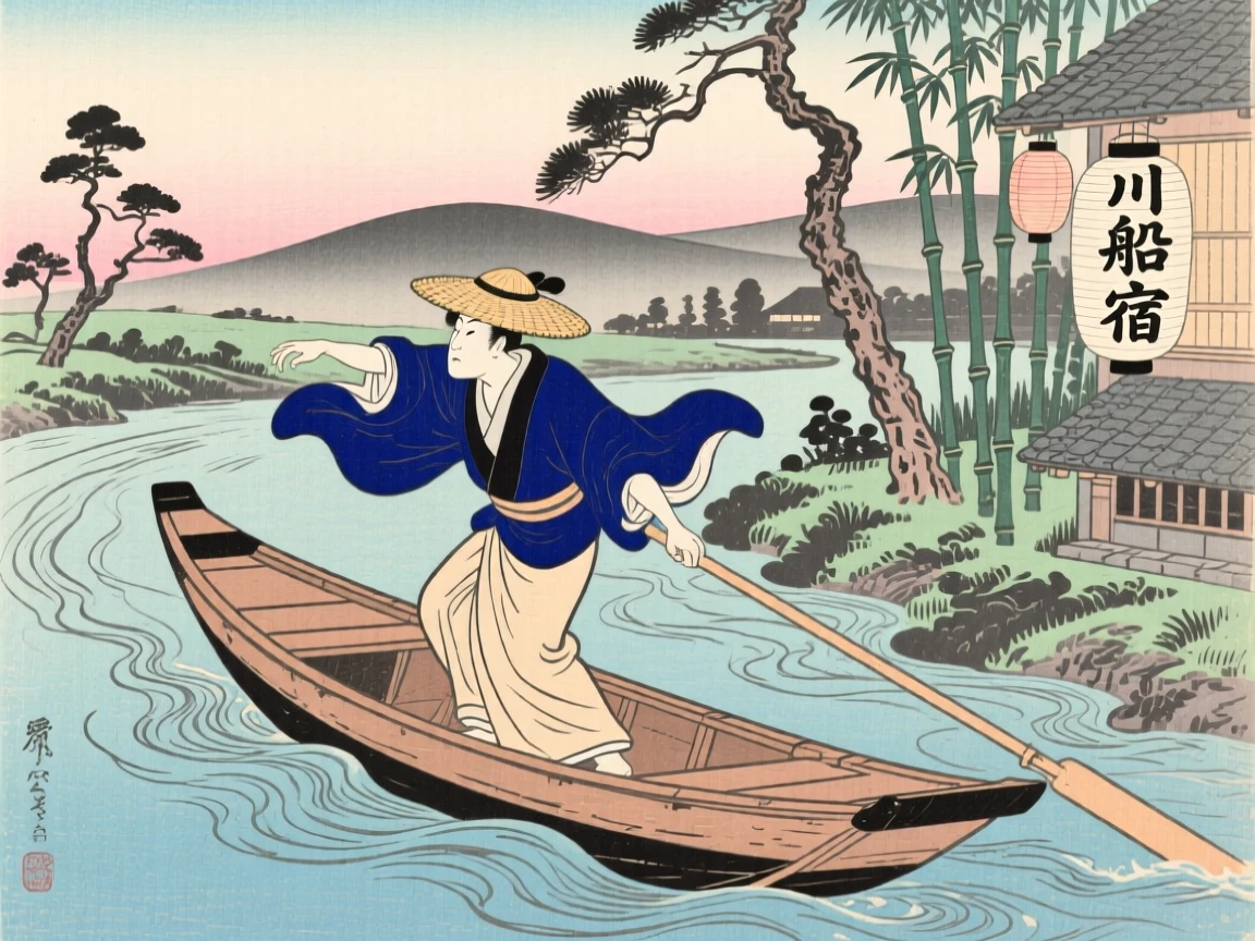A boatman captured mid-motion with swirling sleeves.
