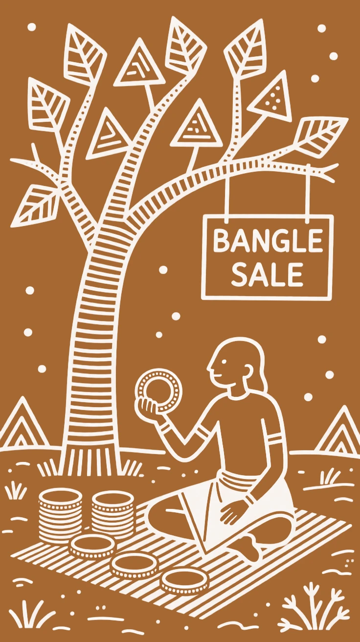 A bangle seller resting briefly under a tree during a break.