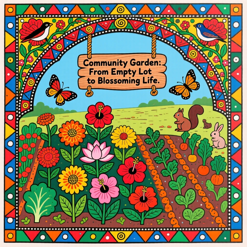 A community garden thriving where an empty lot once stood.