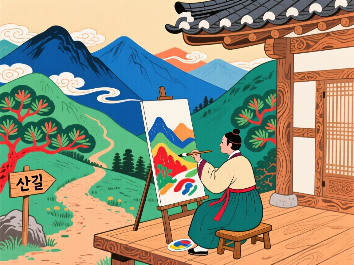 An artist painting a landscape beside a mountain trail, on a wooden veranda overlooking the mountains.