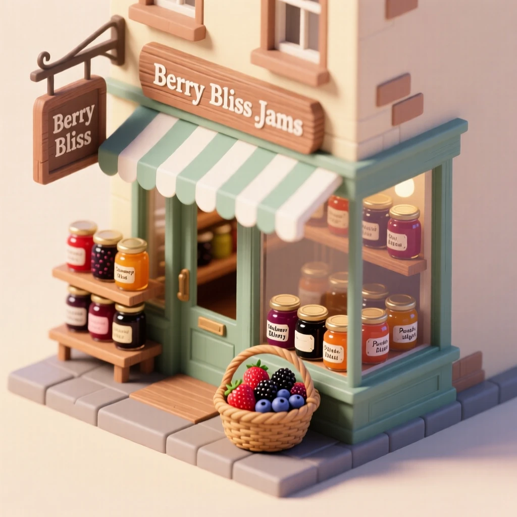 A quaint jam and preserves shop with rows of glass jars catching the light, handwritten labels, and a basket of fresh berries nearby.