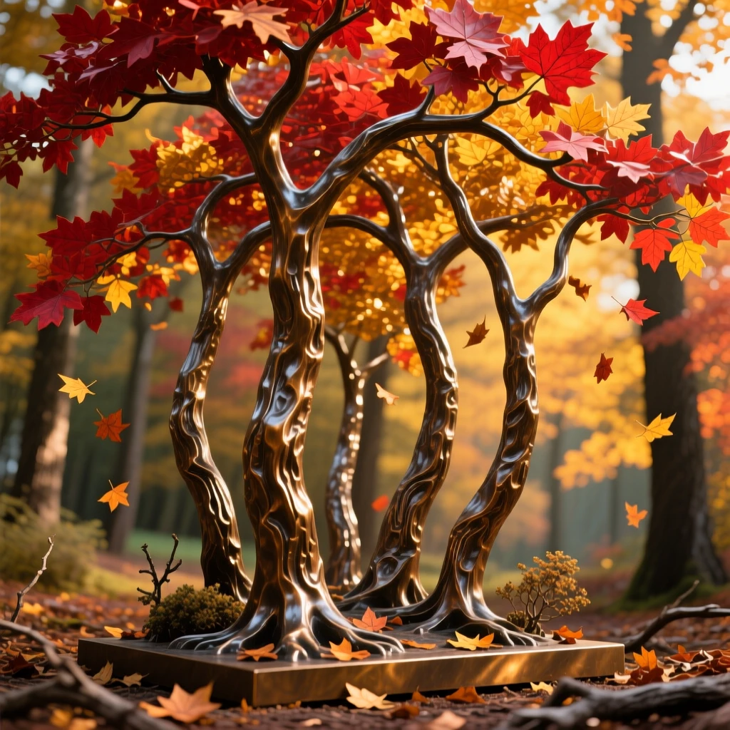 An autumn forest ablaze with red and gold leaves, bathed in the warm hues of golden hour, offering a breathtaking sense of place