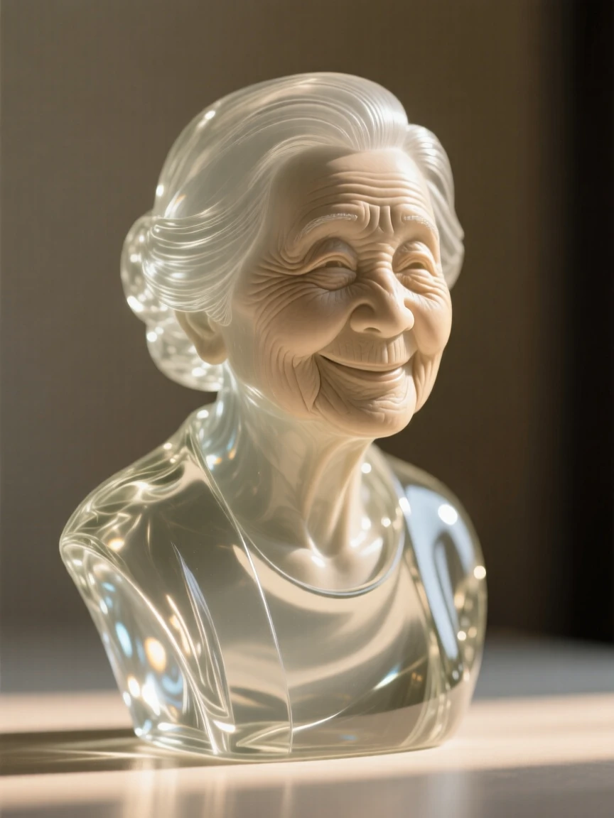 An elder woman with a gentle, wise smile, softly lit by warm natural light, shallow depth of field isolating the subject, expression full of genuine emotion.
