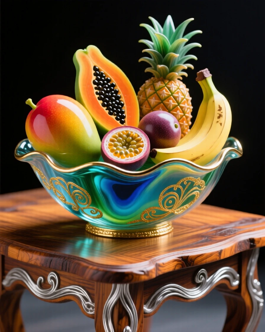 A vibrant bowl of tropical fruit arranged artfully on a rustic wooden table, fresh and inviting.