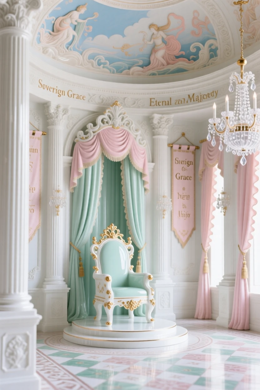 The ornate interior of an opulent throne room, intricate ceiling frescoes overhead.