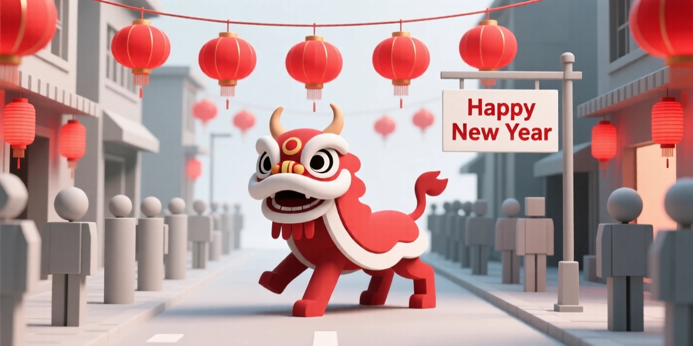 A festive Chinese New Year lion dances through a crowded street lined with glowing red lanterns.