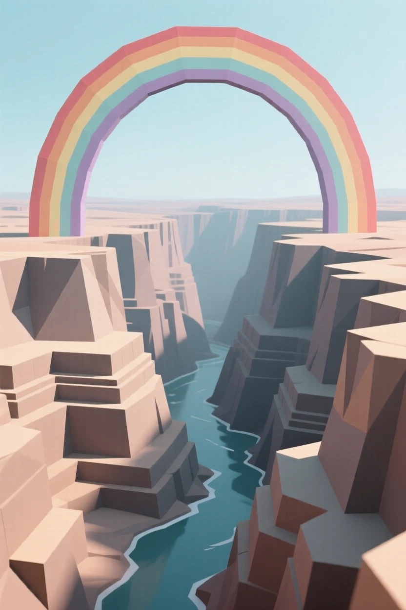 A canyon carved by centuries of wind and water, beneath a rainbow after a passing storm. layers of color create a striking sense of depth. The scene feels vast and awe-inspiring.