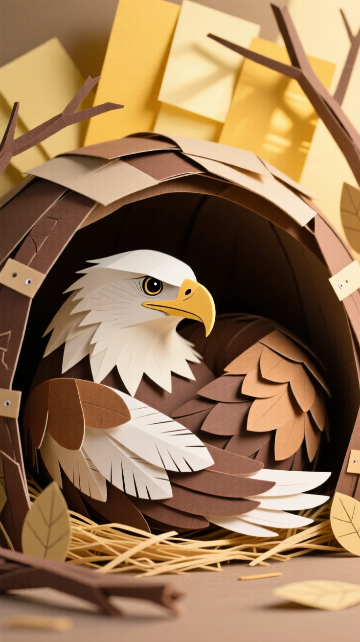 A majestic bald eagle curled up in a cozy den, with soft golden light catching its fur, capturing playful joy and warmth.
