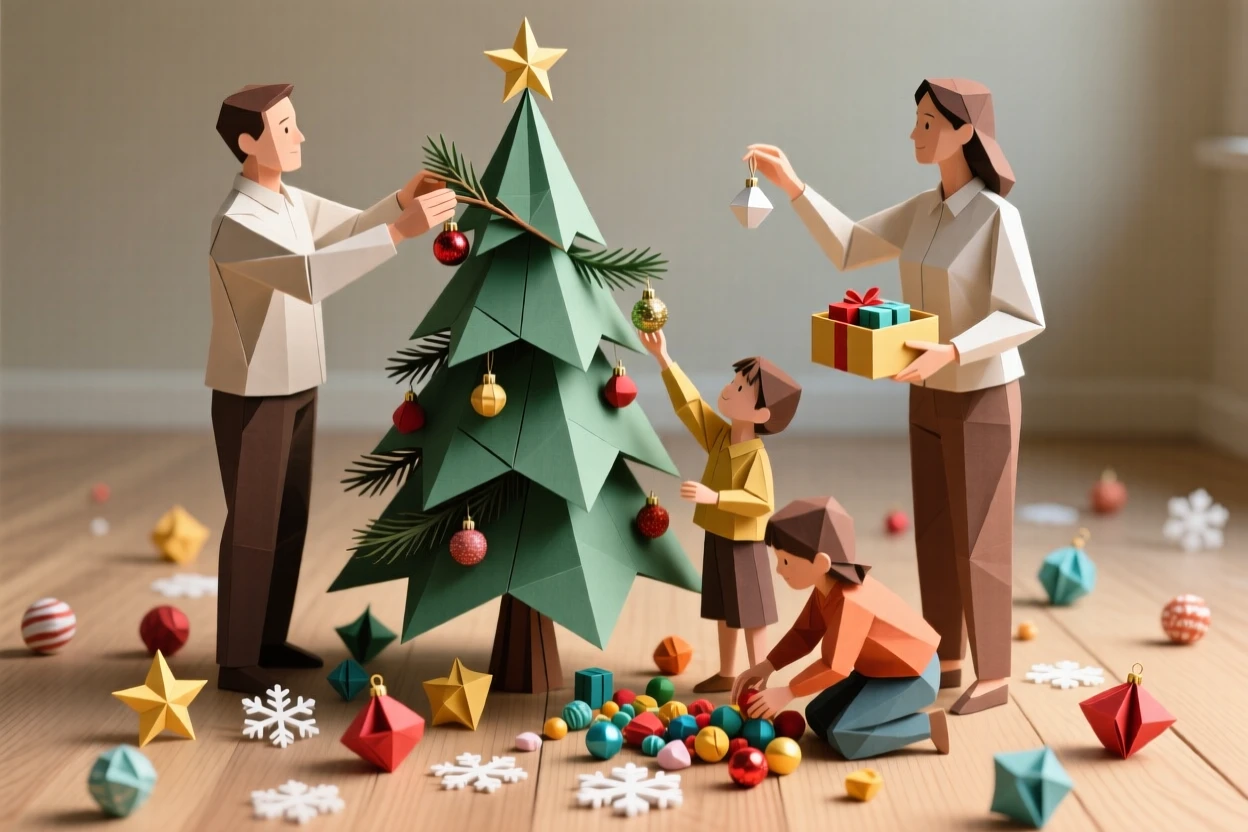 A family decorating a Christmas tree together, ornaments scattered across the floor.