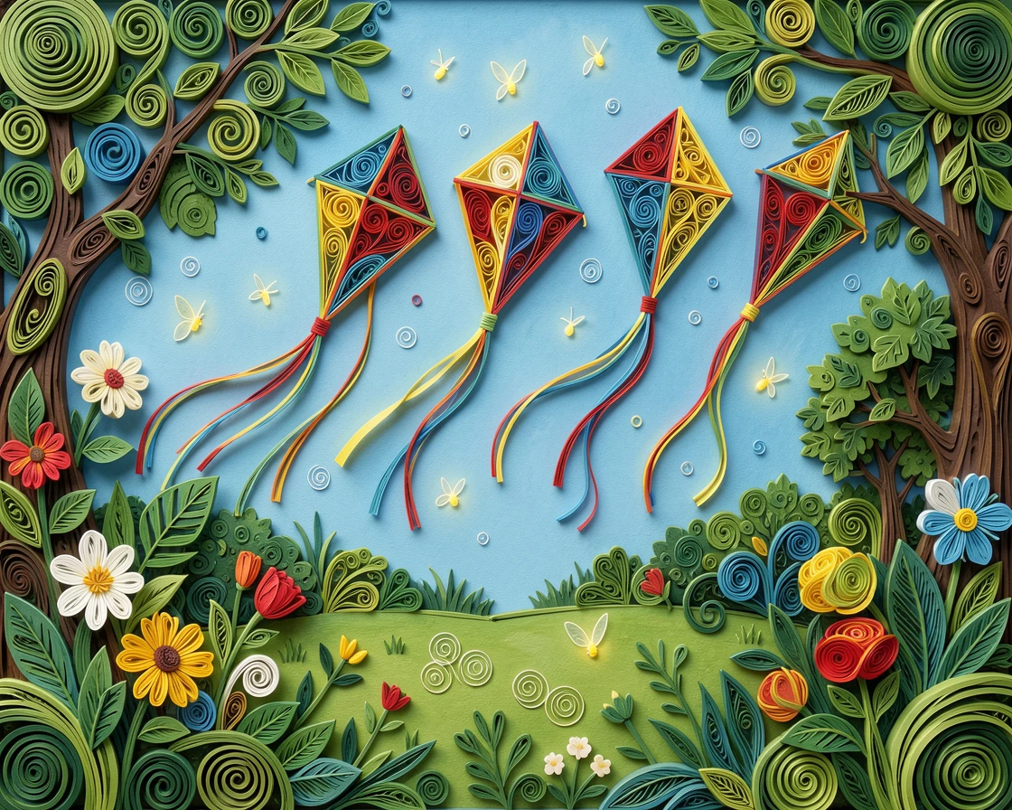 A whimsical children's scene of a row of colorful kites flying against a blue sky in an enchanted backyard garden, with tiny glowing fireflies scattered about, composed with playful, bouncy rounded shapes throughout.