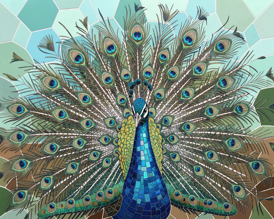 A close-up portrait of a vibrant peacock displaying its full tail feathers in a garden, showing rich fur or feather detail and expressive eyes.