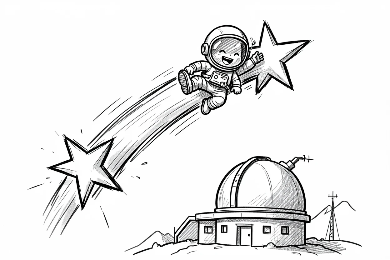 A tiny astronaut riding a shooting star above a quiet mountain observatory.
