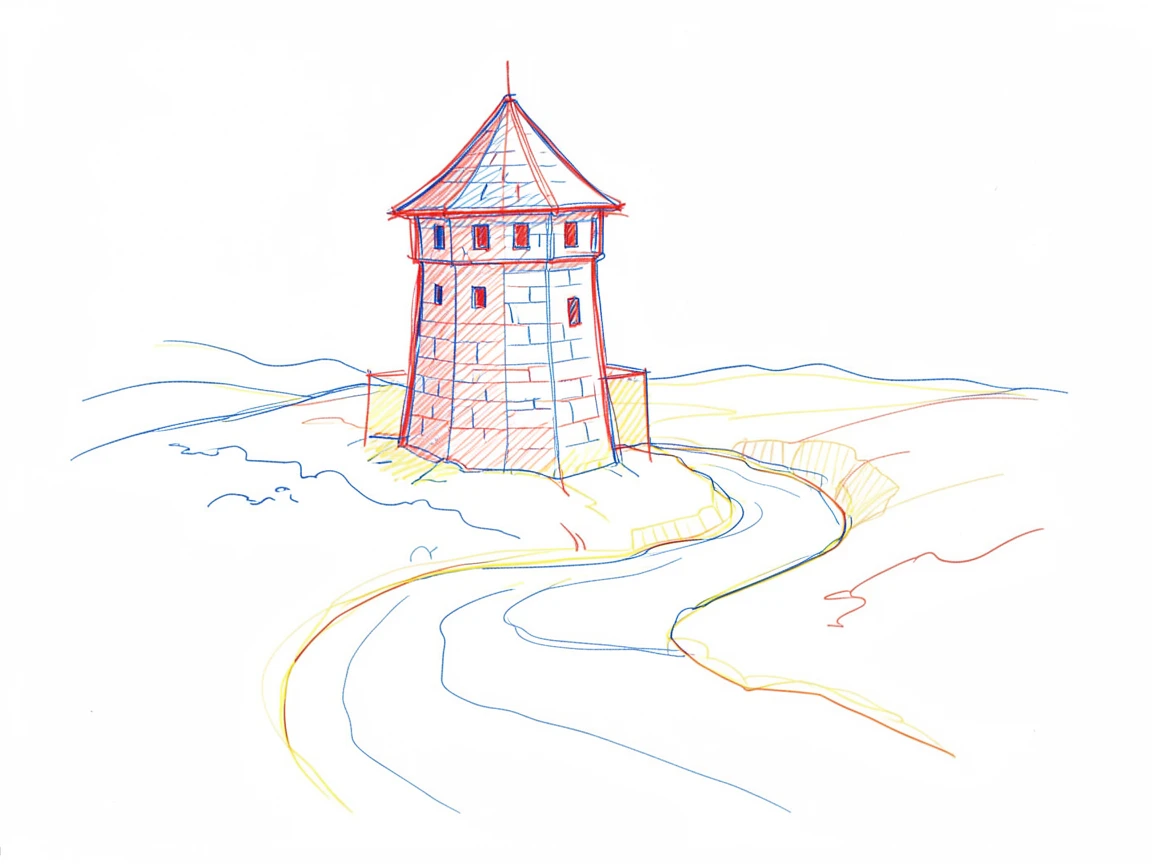 An ancient stone watchtower standing guard over a winding river valley