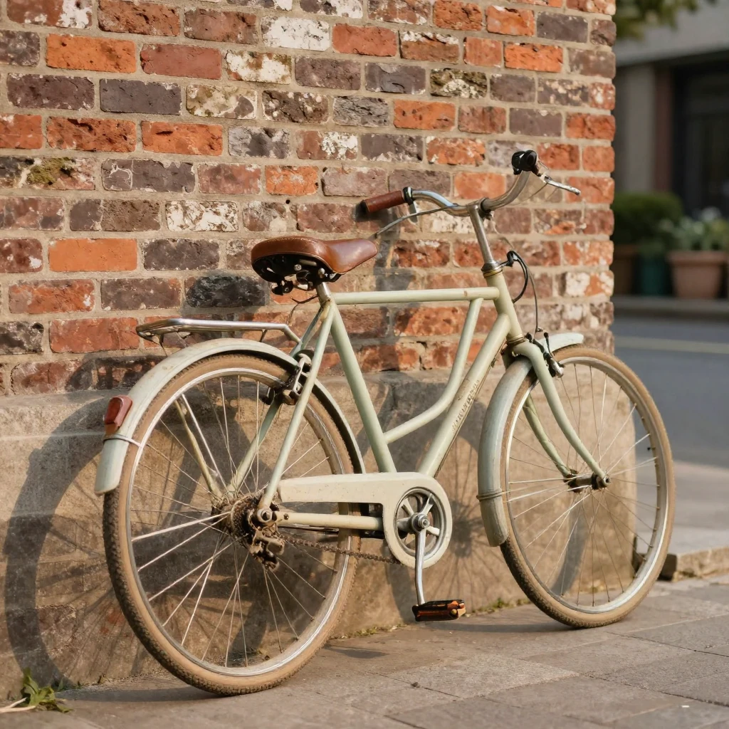 A vintage bicycle leaning against a rustic brick wall