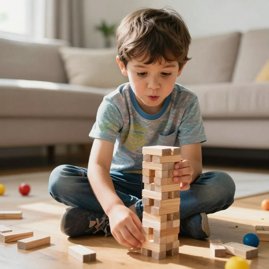 A little boy stacks wooden blocks into a tall tower, holding his breath as it wobbles.