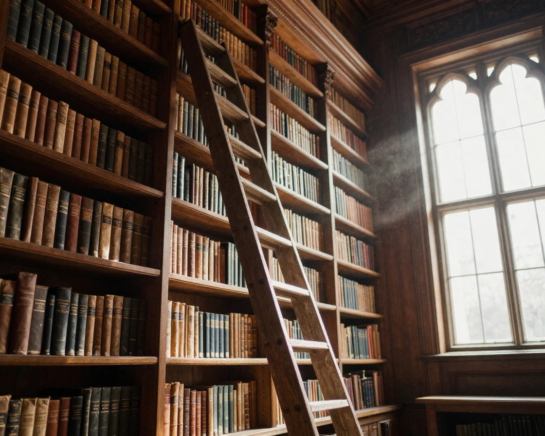 A grand old library with a rolling ladder and dusty shelves, welcoming and warm, as morning light spills through the windows