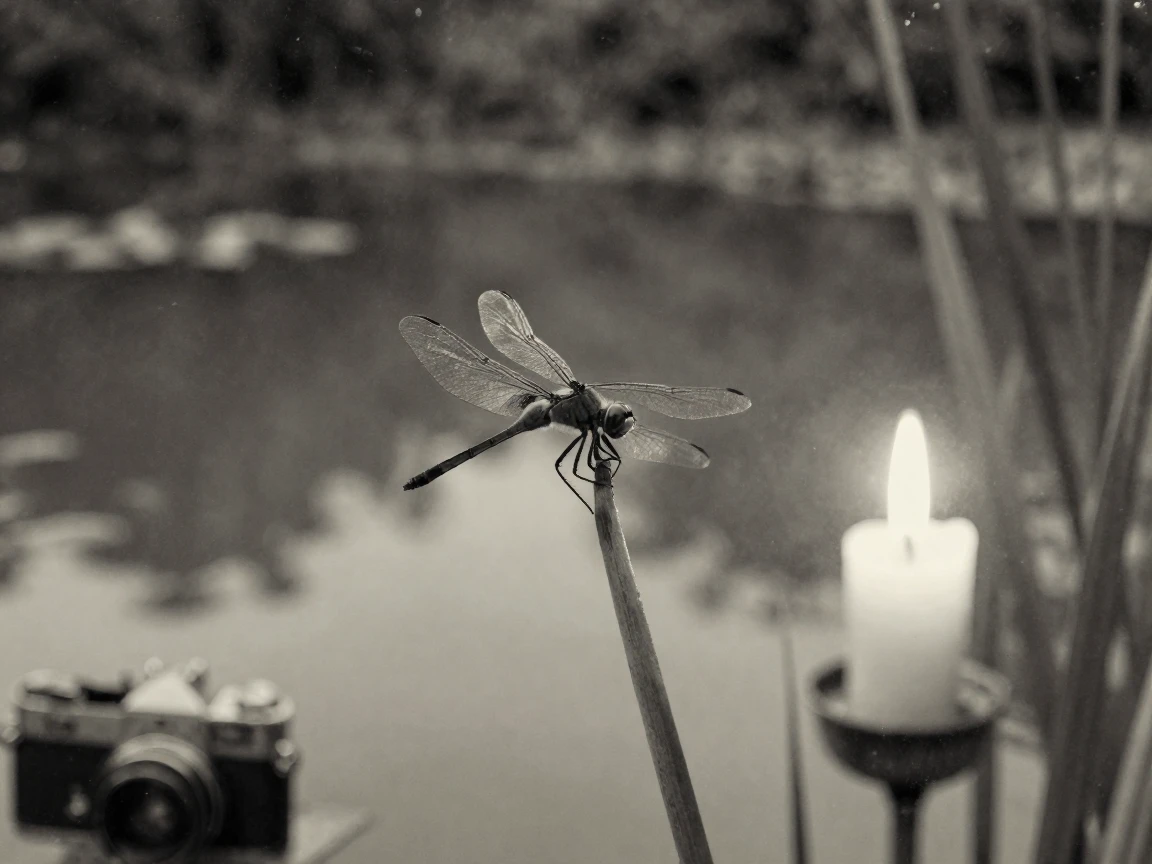 A dragonfly perched on a reed above a still pond, under flickering candlelight, in still, windless air, during the long days of summer, with stark black-and-white contrast softened by a single warm hue, through a rain-streaked window.