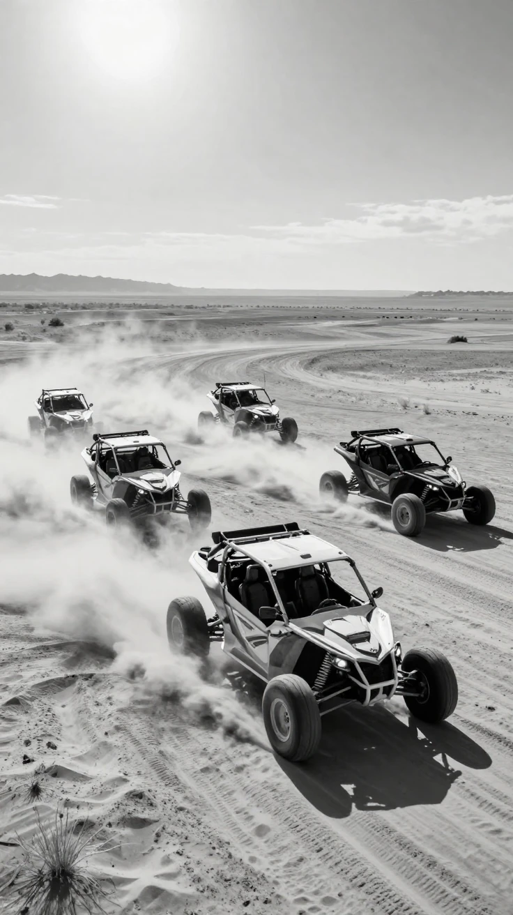 A group of dune buggies kicks up sand across the desert beneath a blazing midday sun.