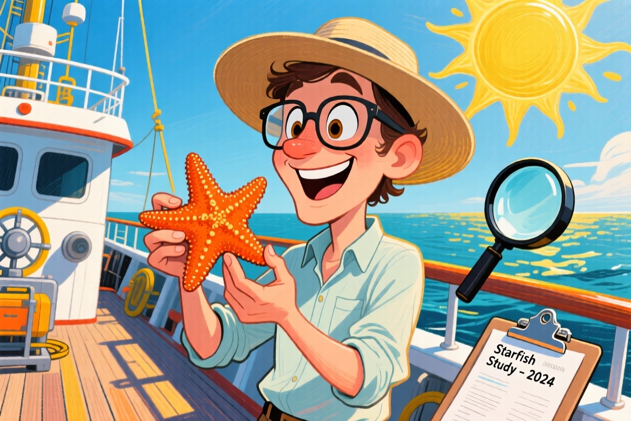 A marine biologist examining a starfish on a research boat, sun-drenched and smiling.