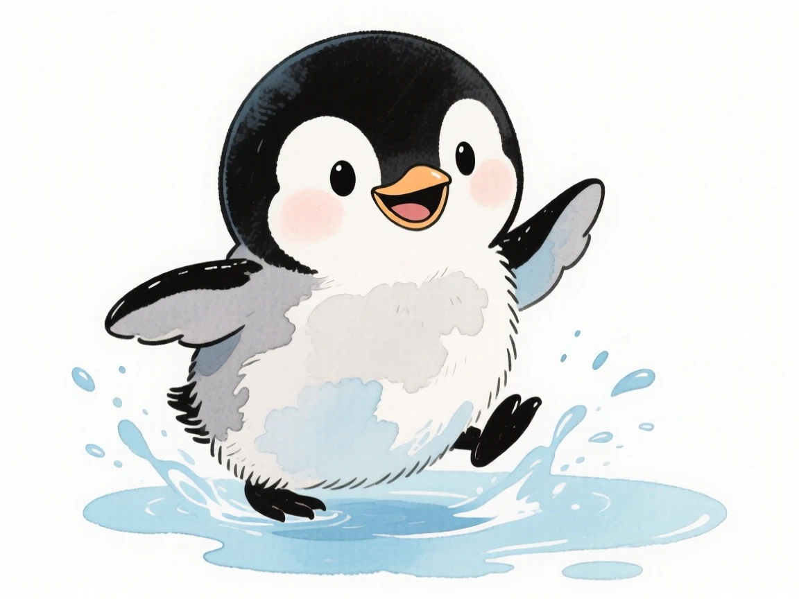 A penguin chick splashing happily in a puddle