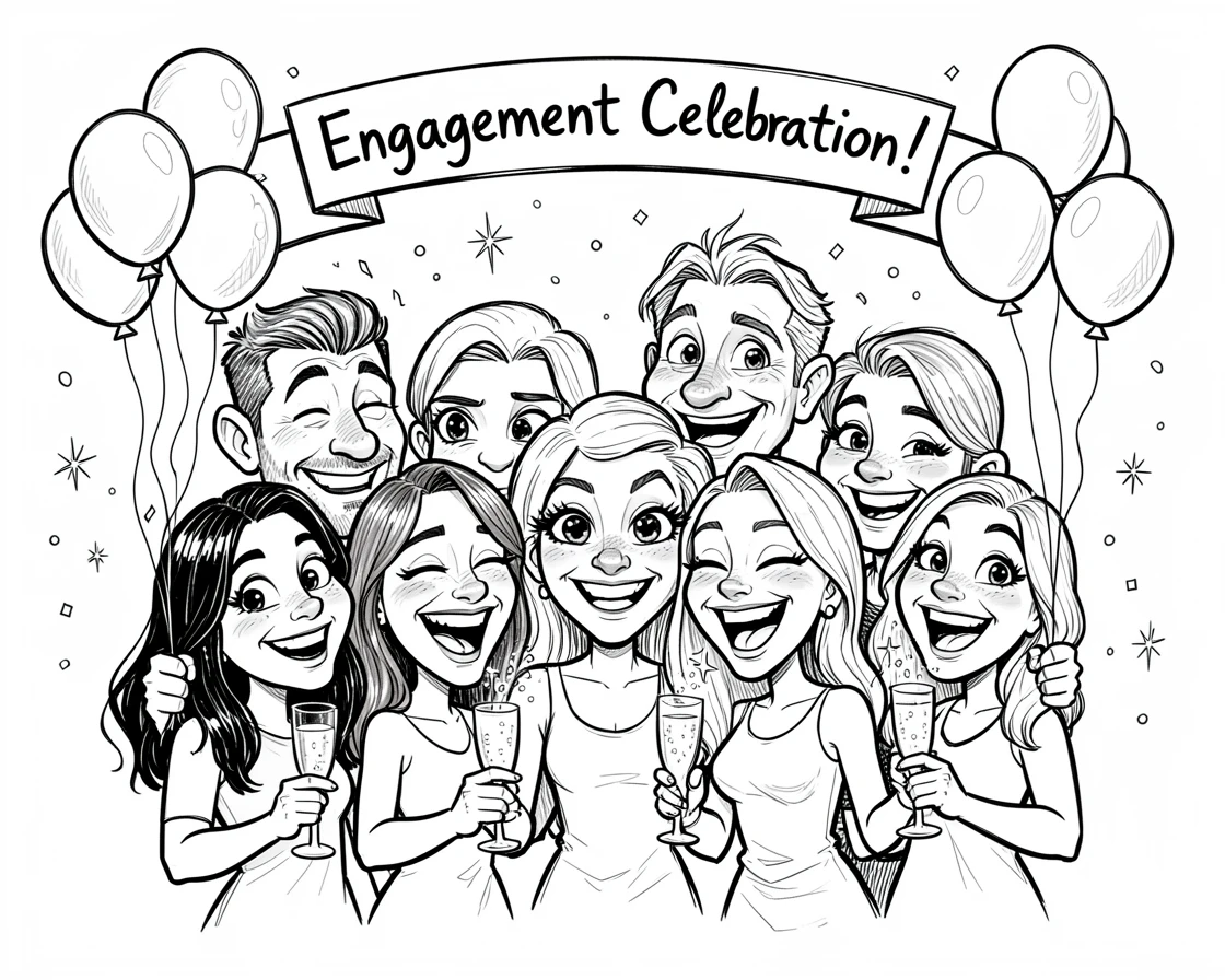 [Seasonal Holidays & Celebrations] Festive scene of friends celebrating an engagement with champagne and balloons, full of celebration and joy