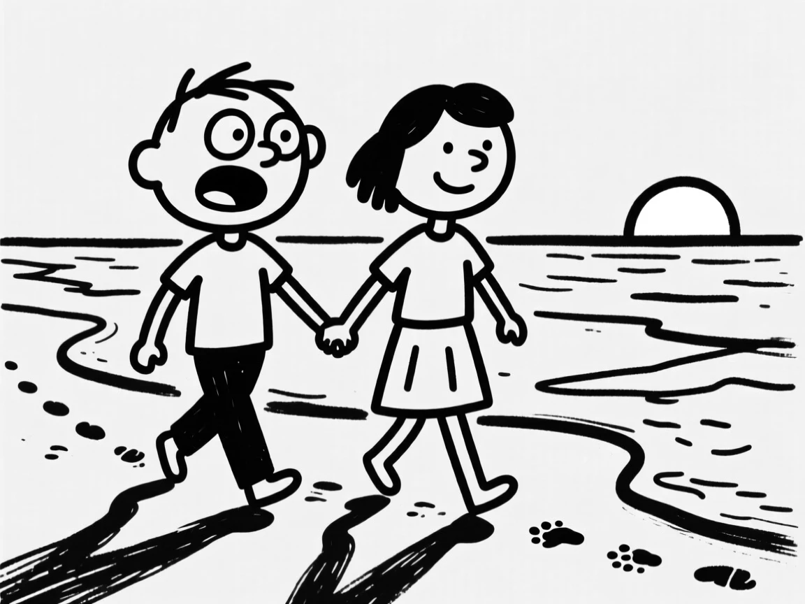 Two people holding hands while walking along a beach at sunset, footprints trailing behind.