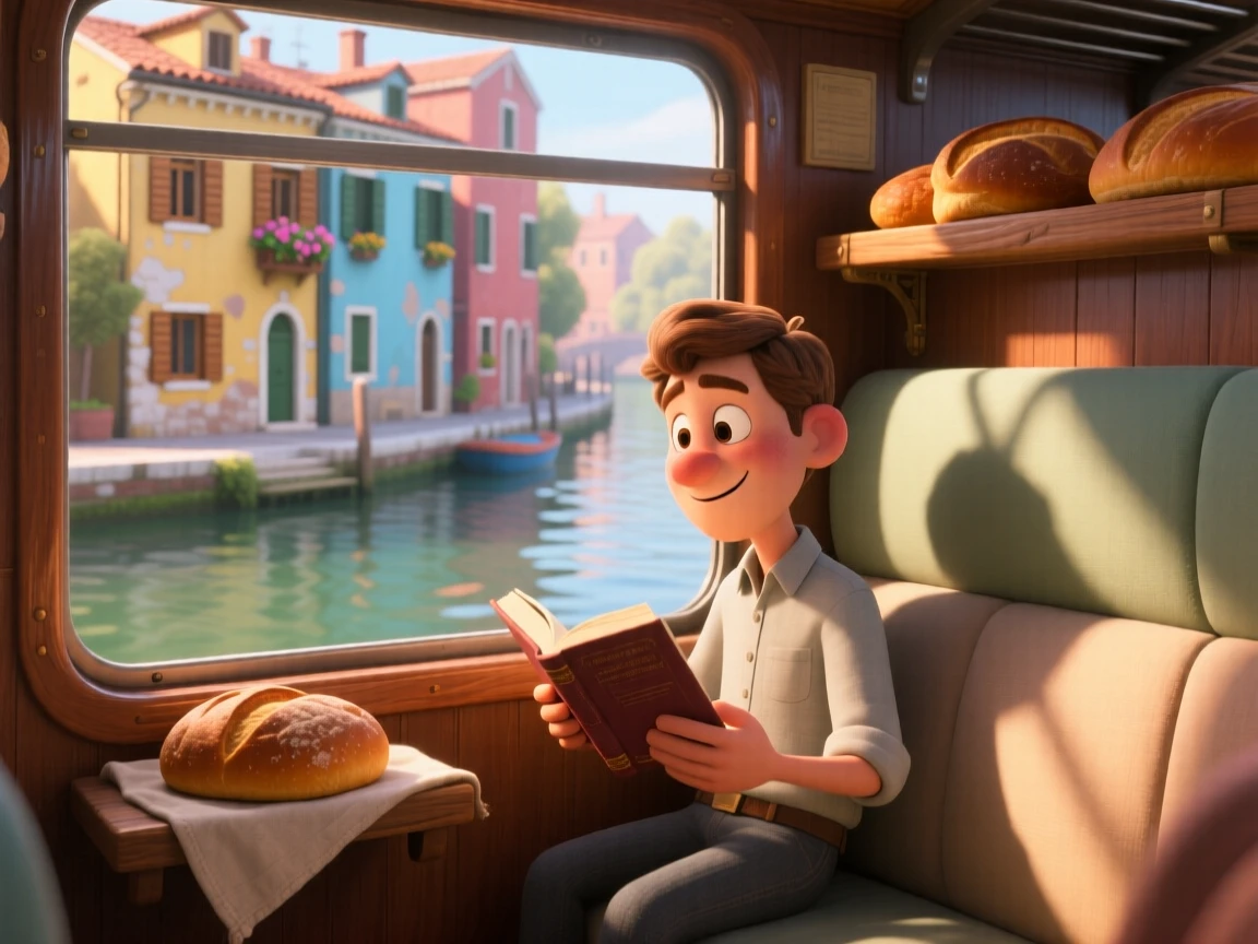 A commuter reading a book on a quiet train is captured along a canal lined with narrow houses, with fresh bread cooling on a nearby rack. A quiet, wholesome charm lingers over the moment.