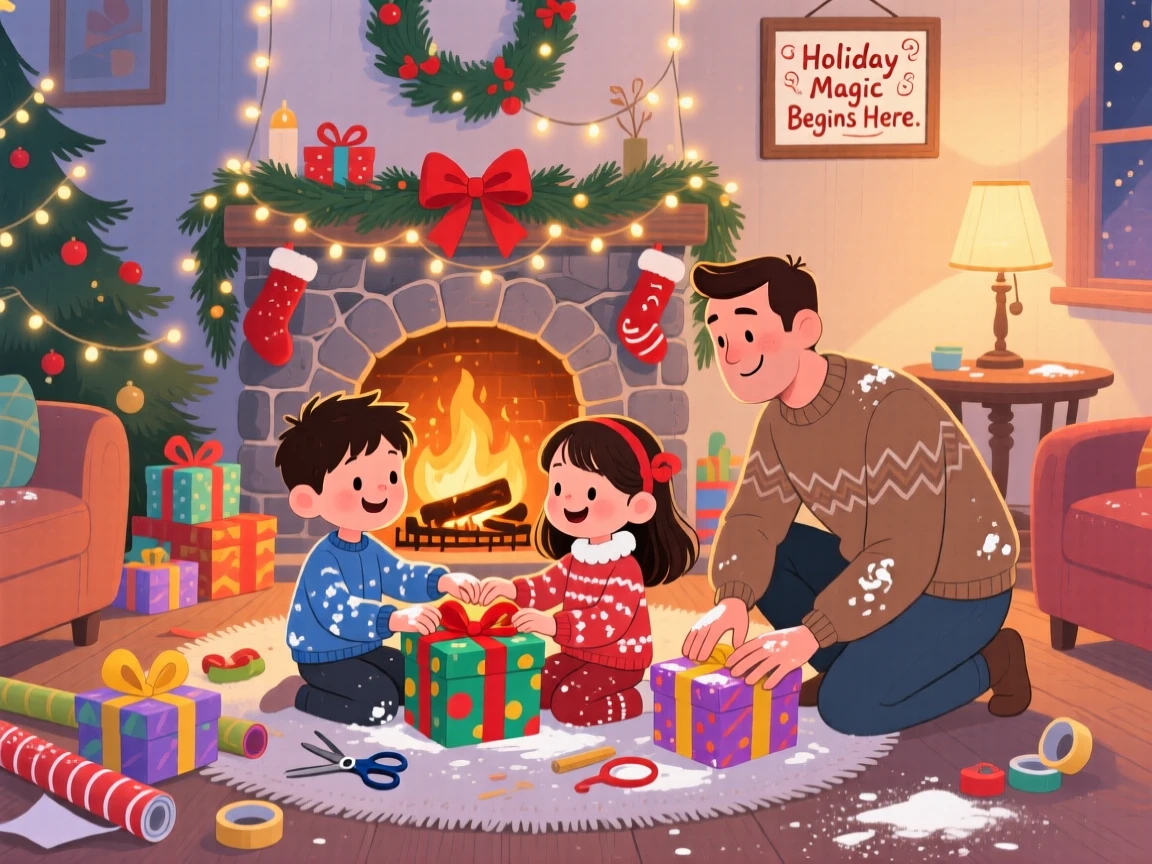 With his father close by, siblings holding hands is wrapping presents by the fireplace, with flour dusting their sleeves.