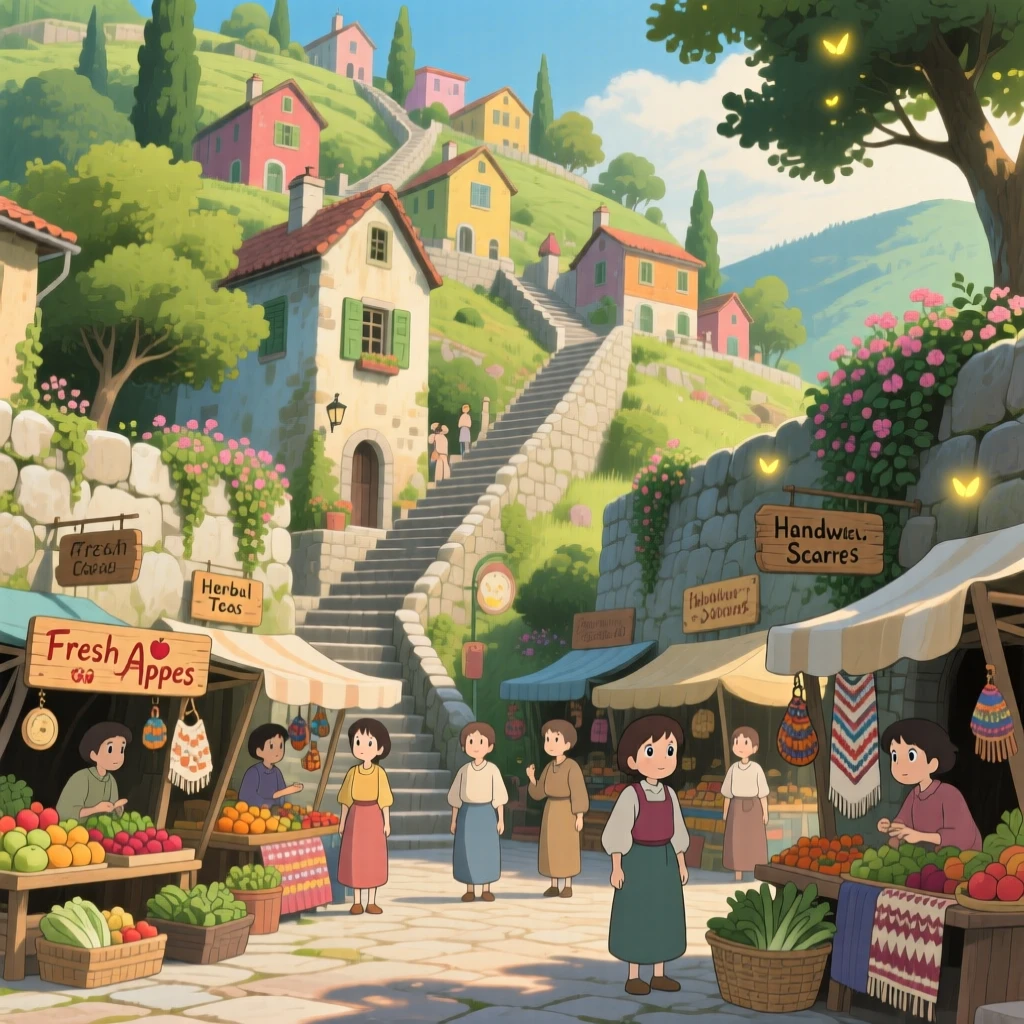 A scenic view of a terraced hillside town connected by narrow stone stairways, as market stalls line the main square.