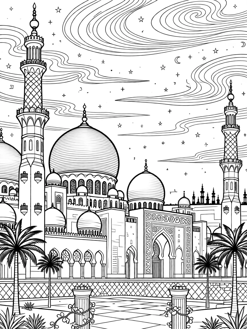 A mosque's domes and minarets silhouetted at dusk.