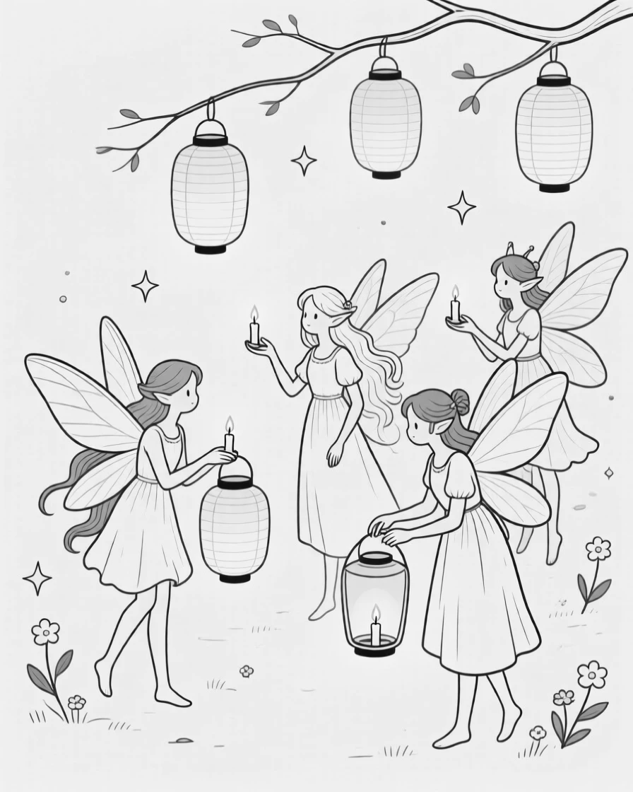 A group of fairies lighting lanterns for a nighttime festival