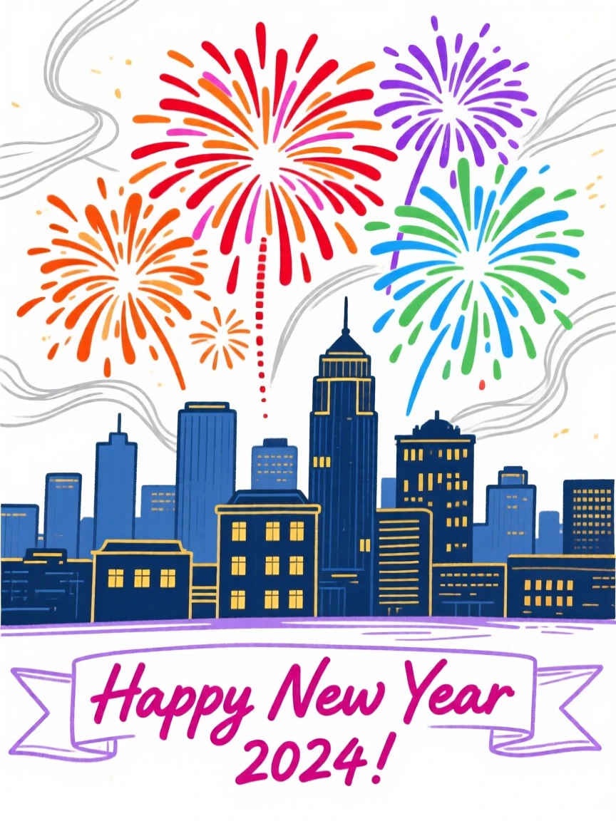 A New Year's Eve fireworks display over a city skyline.