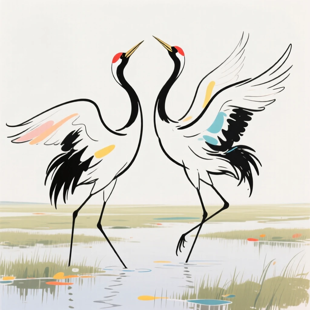 A pair of cranes dancing together in a wide open wetland.
