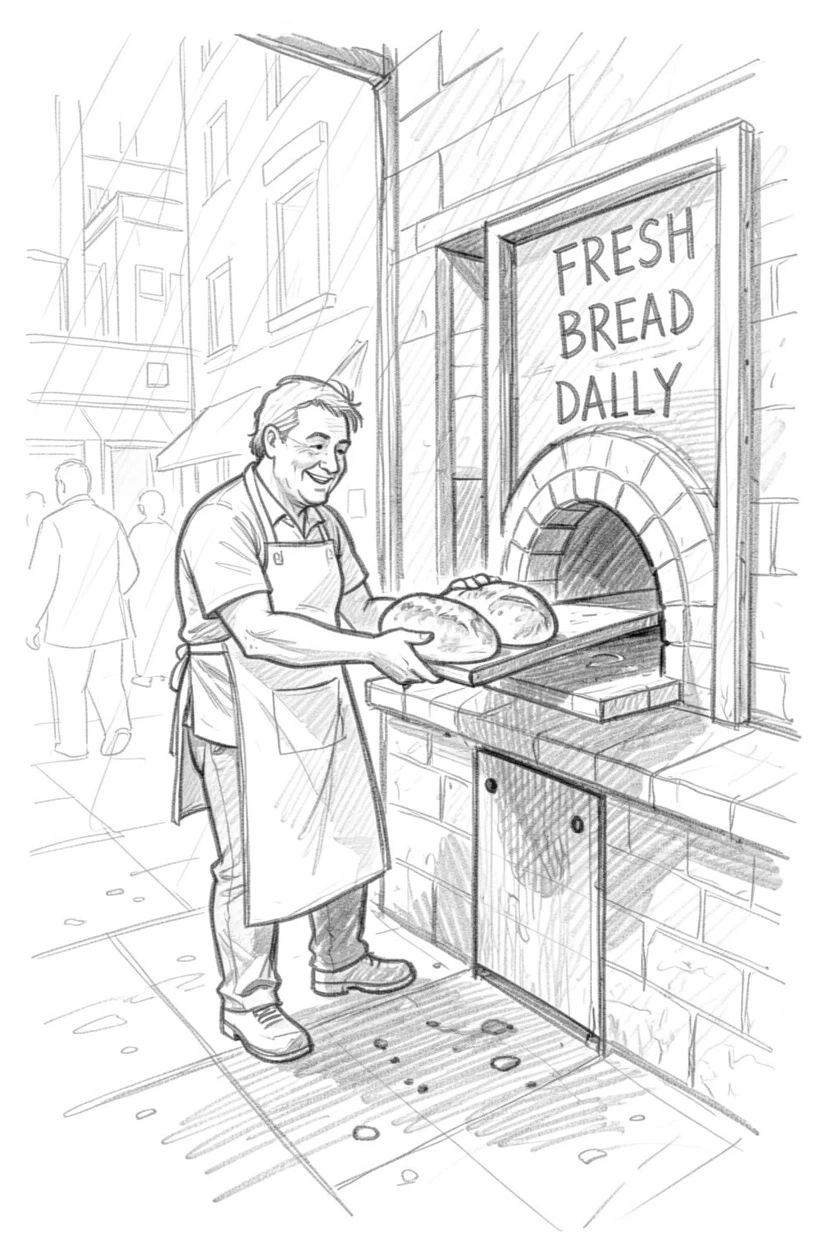 A warm everyday moment: a baker pulling fresh bread from the oven on a bustling downtown corner, with soft rain misting the air.