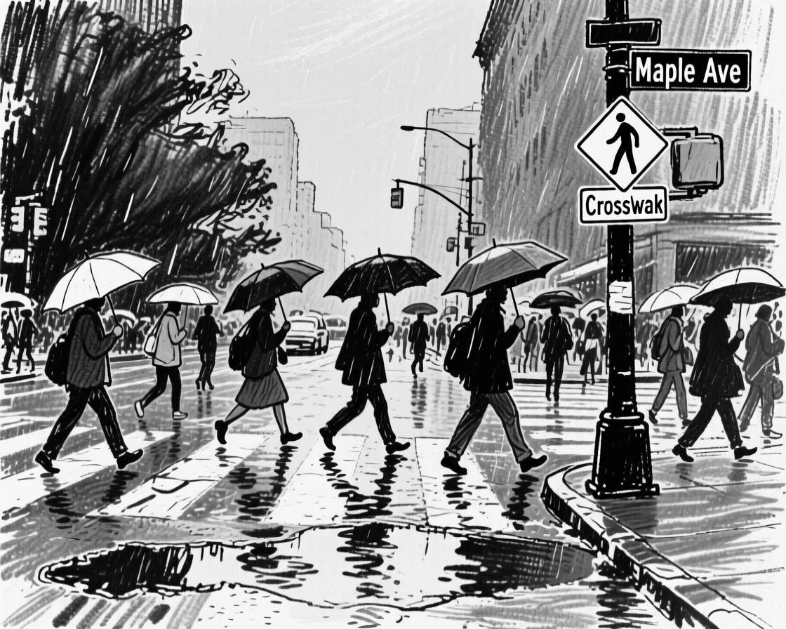 Commuters crossing a rain-soaked city street with umbrellas, under a clear blue midday sky.
