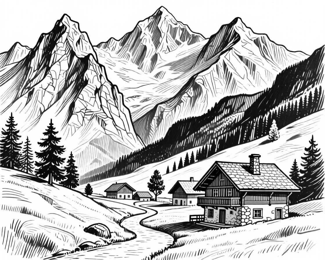 The towering peaks of the Swiss Alps with a small mountain village nestled below.