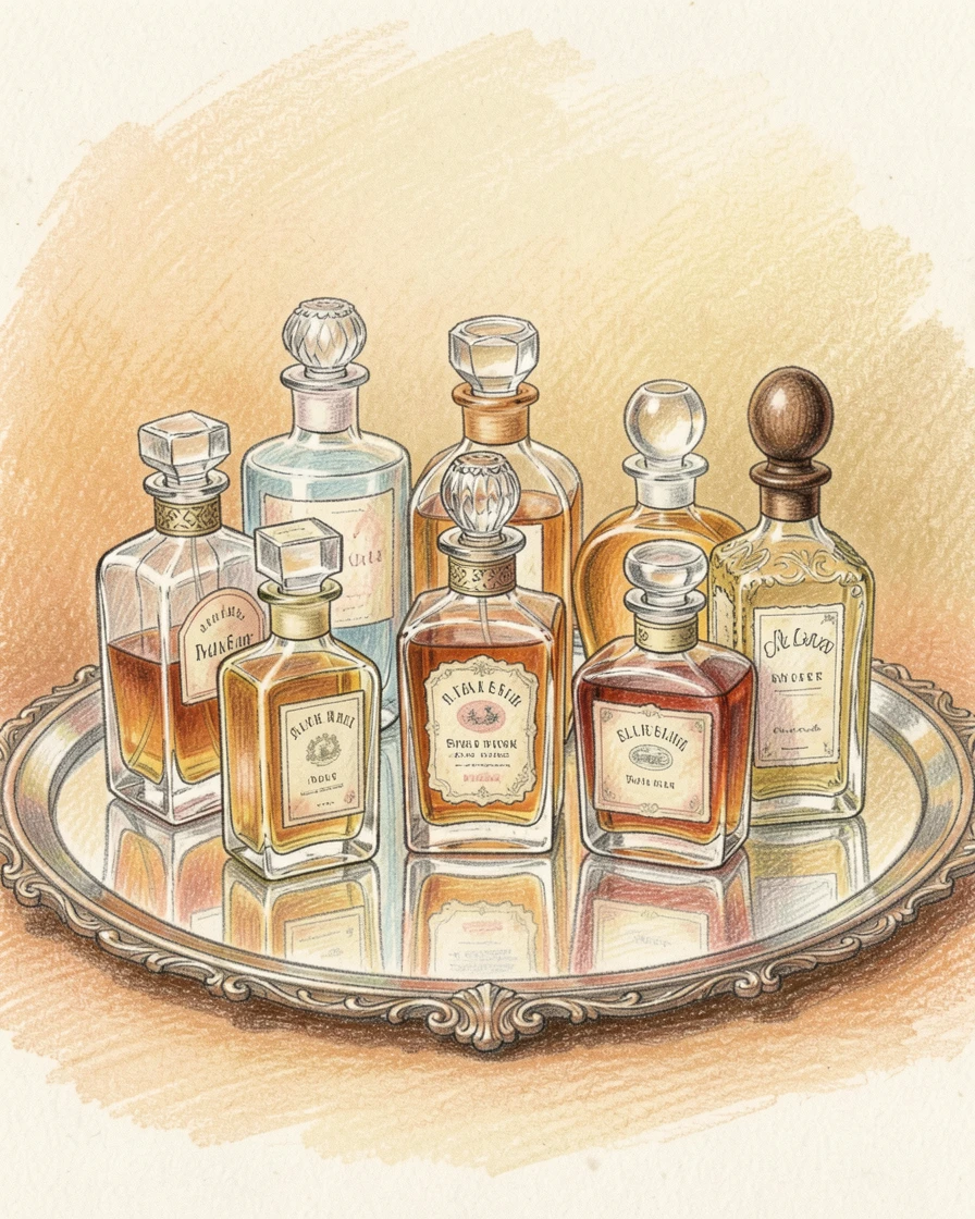 A collection of antique perfume bottles on a mirrored tray, set against a simple, warm-toned background, evoking nostalgia, charm, and quiet elegance.