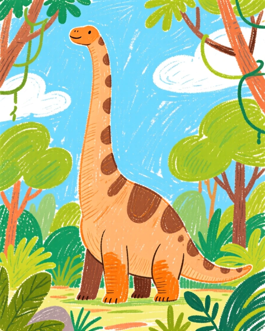 A towering Brachiosaurus reaching into the treetops of a prehistoric jungle.