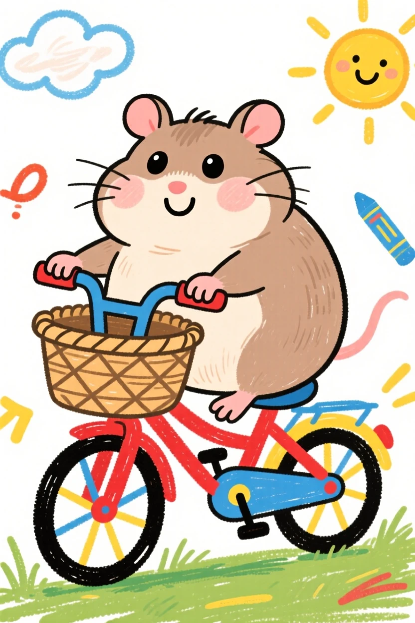 A chubby hamster riding along in a bicycle basket.