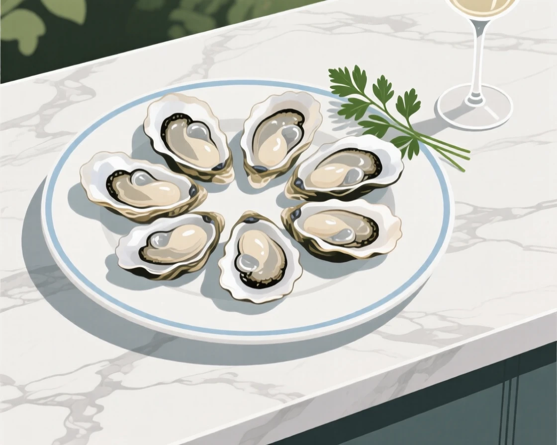 A plate of fresh oysters beautifully displayed on a marble countertop at a garden party.