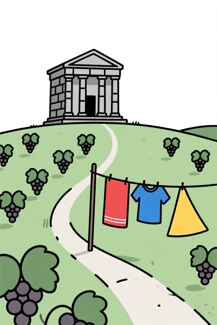 A journey through a countryside dotted with vineyards toward an ancient stone temple, passing colorful hanging laundry lines, full of quiet discovery.