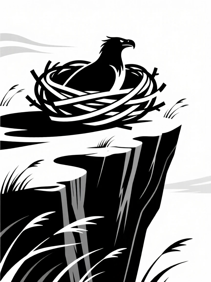 A griffin's nest atop a windswept cliff.