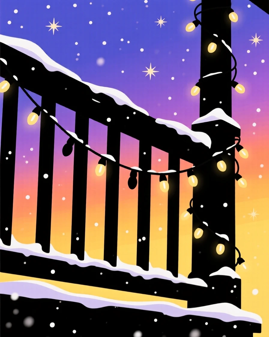 A string of holiday lights wrapped around a snow-dusted porch railing.