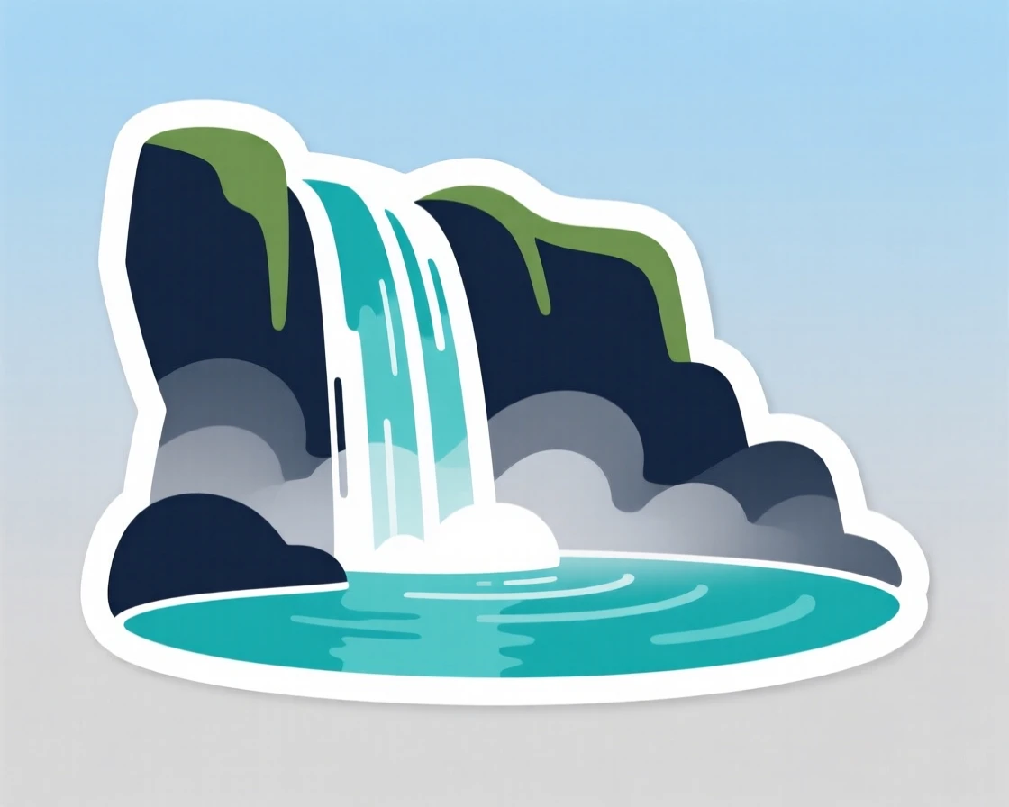 A richly colored waterfall cascading into a clear pool, with morning mist rolling through, on a clear and cloudless day.