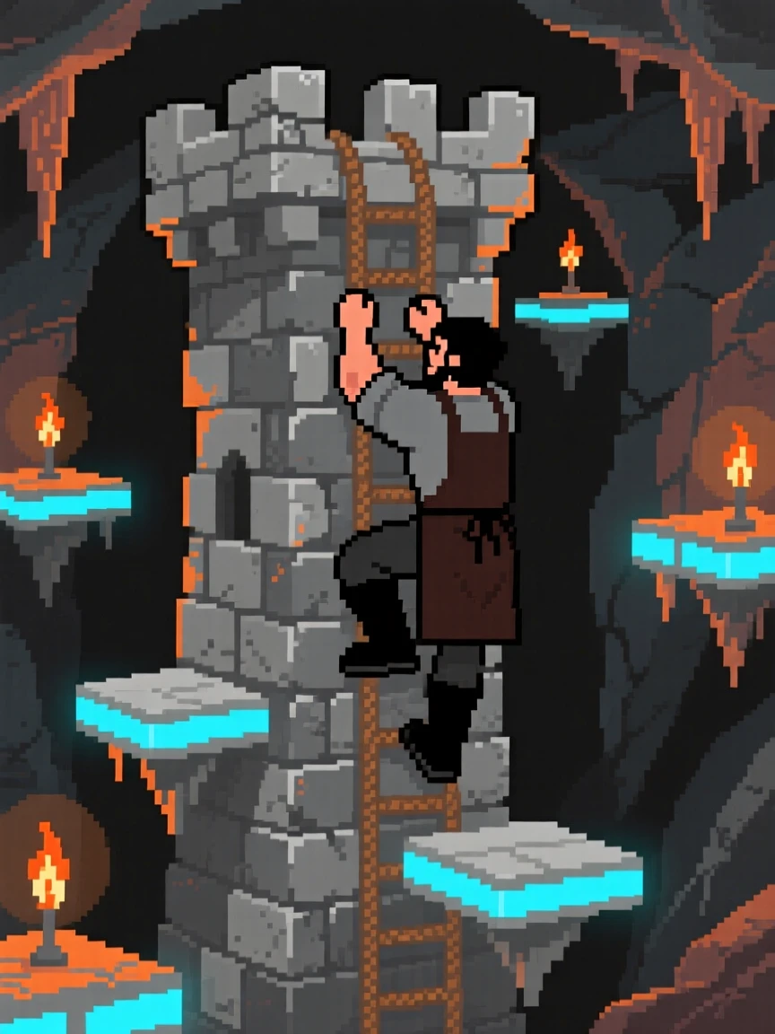 A village blacksmith climbing a tower guarded by floating platforms, within a sprawling underground dungeon.