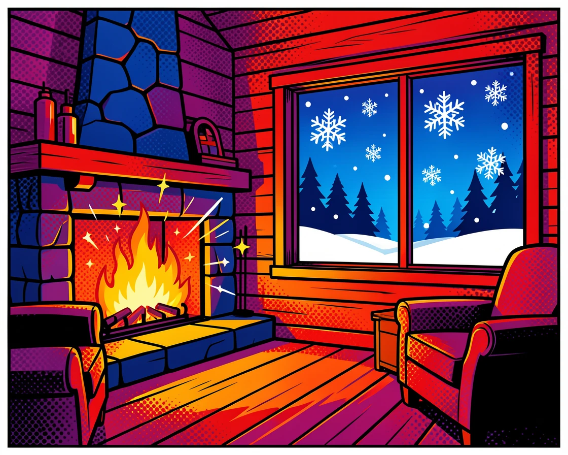 A cozy cabin with a fireplace and falling snow outside
