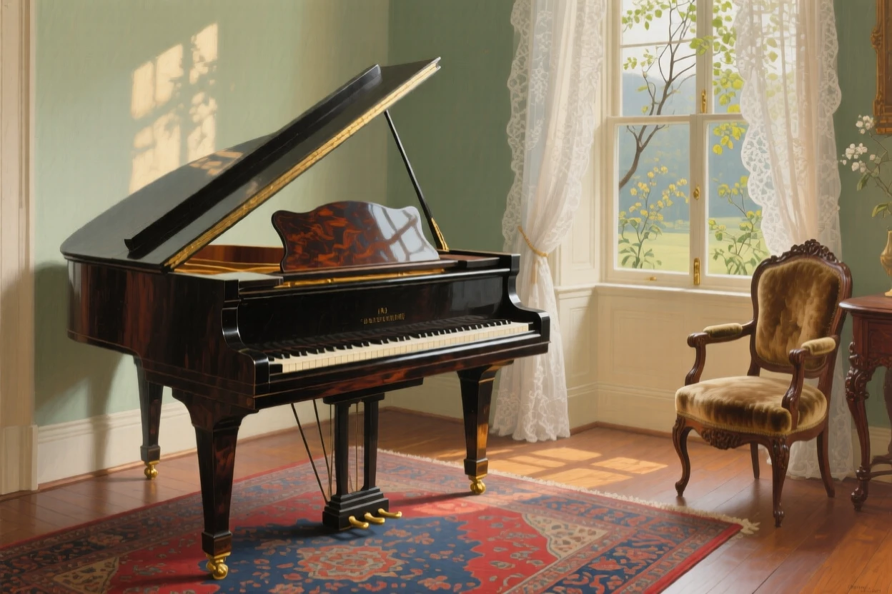 A medium shot of a music room with a grand piano bathed in afternoon light, in late spring.